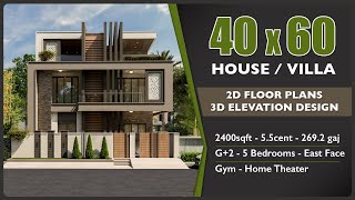 40x60 East Face - House / Villa Design -  2D Floor Plan - 3D Elevation - 5 Bedrooms - IN TELUGU