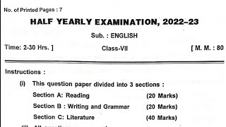 Class 7 English Half yearly exam question paper (2022 - 2023)