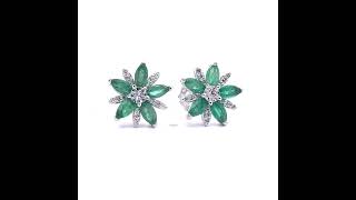 0.15 Carat Diamond & Emerald Cluster Flower Bloom Stud Earrings in White Gold