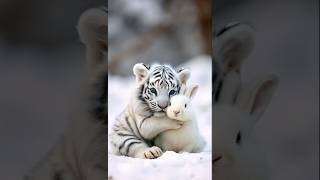 Little tiger and cute rabbit, romantic animal moment, cutest animal 🐅🐇 #cute #shorts