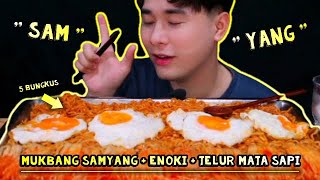 Mukbang Samyang Senampan + Jamur enoki !! Telor mata Sapi Omega tiga meleleh dilidah