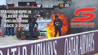 MASSIVE FIRE - V8 SUPERCARS MELBOURNE 2023 -  RACE 3 JAMES COURTNEY