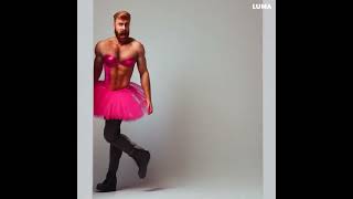 A man's clothing transforms into a pink tutu and high heels