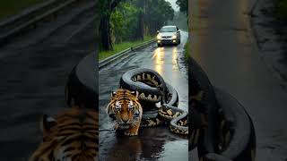 Snake vs tiger on a drizzly highway #shorts