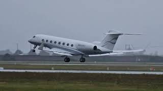 Private jet liftoff in strong wind and rainy conditions