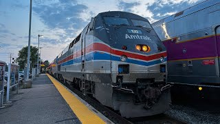 Amtrak 448 departing Framingham with AMTK 130 (Phase II Heritage Unit) leading.