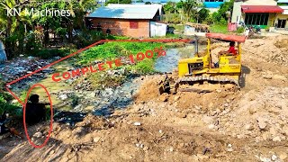 Completed, KUMATSU D31P Dozer Push Soil Into Water Complete Pont And Truck Dumping Soil To Water