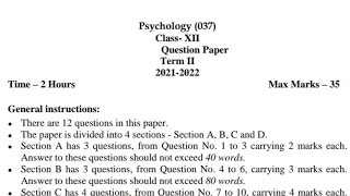 Class 12 Psychology Final Exam Question paper (2021 - 2022) | Cbse - Term 2