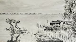 Easy River Side Scenery Pencil Drawing With Fisherman