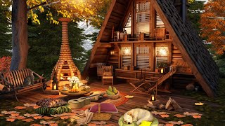 Autumn Cozy Ambience on Treehouse Porch with Falling Leaves, Birdsong, Fireplace and Fall Vibes