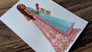 Soft pastel Floral Lehenga using Watercolour | Braided art