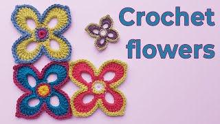 Crochet colorful flowers. 4-petal flower tutorial