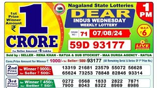 Nagaland State Dear Indus Wednesday Weekly Lottery 07-08-2024 At 1:00 PM Today Result Live