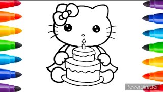 Learn How to Draw Hello Kitty with a Tasty Birthday Cake for Kids and Toddlers ||