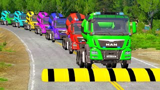 Double Flatbed Trailer Truck vs speed bumps|Busses vs speed bumps|Beamng Drive|BEAMNG4K