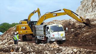 New Road Construction - Excavators Trucks Digging The Limestone Hills