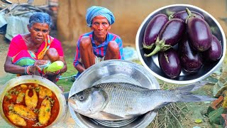 80years old grandma cooking FISH CURRY with brinjal and eating with water rice | actual village life