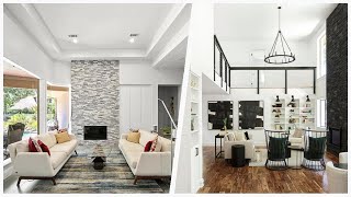 75 White Living Space With A Stacked Stone Fireplace Design Ideas You'll Love ☆