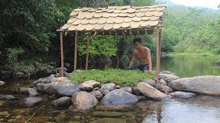 Primitive Technology: Build a Tiled Roof Hut on the Stream