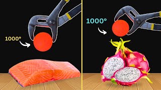 Experiment 1000°C Glowing Metal Ball vs  Dragon Fruit, Fish | Cool Science Experiment