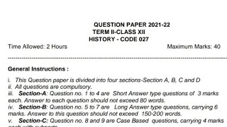 Class 12 History Final Exam Question paper (2021 - 2022) | Cbse