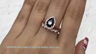 Pear Black Spinel Ring and Crown Black White Diamond Band Bridal Set