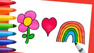 Drawing and Coloring A Cute Flower, Love Heart & Rainbow | Fun Easy Drawings For Kids