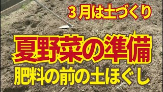 夏野菜に向けた3月の土作り。肥料を入れる前に深めに土をほぐしておきます。土の柔らかさが根張りを良くします。3/5