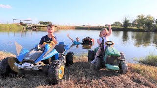 Saving our stuck tractor from the mud and water | Tractors for kids