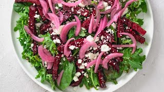 Roasted Beet and Feta Salad with Spinach, Kale, and Balsamic Vinaigrette