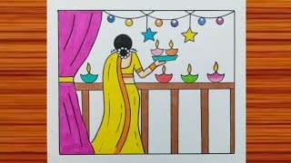 Diwali Drawing / Diwali Drawing Easy / Diwali Diya Drawing / Diwali Poster / Easy Diwali Drawing