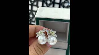 12-13mm Australia white pearl earrings in 18k gold & diamonds