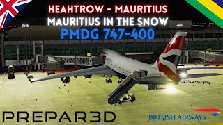 [P3D V5.2] l PMDG 747-400 l Snowy landing into Mauritius l Heathrow - Mauritius l Vatsim FullFlight