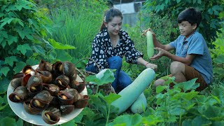 Collect big wax gourd, cook sour soup, Harvest snail for curry with eggplant | Cooking with Sros