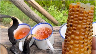 Roasting Maize traditional style with Red tea in the middle of paddy field🌾