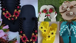 Very comfortable diy flip flop slippers designs handmade beads & pearl work stones shoes