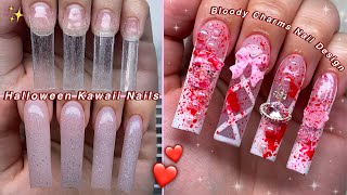 HALLOWEEN KAWAII POLYGEL NAILS🎀 FRENCH TIPS W/ BLOODY CHARMS NAIL DESIGN | Nail Tutorial