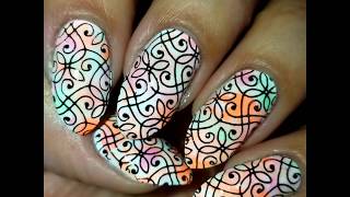 Colorful Smooshy Nails with Nail Stamp Design