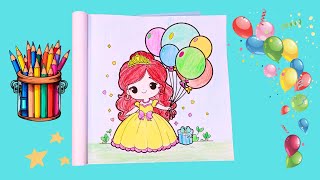 Princess with Balloons | Cute drawing and coloring page| Coloring Fun for Kids