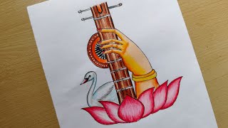 Unique Vasant Panchami drawing with pencil colour | ma saraswati drawing 😍| #shorts #saraswatimata