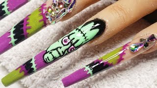 Frankenstein Inspired Halloween hand painted nails purple/green/black