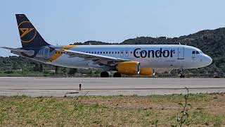 Landing and Takeoff Skiathos Island. Condor flight A320-200 from MUC--JSI and back.