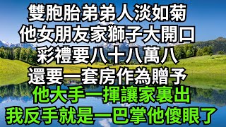 雙胞胎弟弟人淡如菊，他女朋友家獅子大開口，彩禮要八十八萬八，還要一套房作為贈予，他大手一揮讓家裏出，我反手就是一巴掌他傻眼了【人間清醒】#家庭倫理#婆媳關系#生活伦理#小说故事#落日溫情 #情感故事