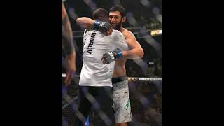 Khamzat Chimaev hugs his coach after the Robert Whittaker win