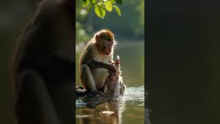 "Mother Monkey Gently Bathes Her Baby 🐒 Heartwarming!"