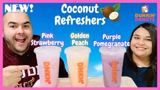 NEW Dunkin' Donuts Coconut Refreshers Review | Pink Strawberry, Golden Peach & Purple Pomegranate 🥥