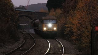 (4k) colas rail class 56 nos 56105 & 66847 depart Meadowhall with South Yorkshire rhtt