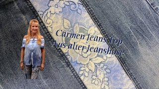 Upcycling Jeans Top Carmenausschnitt aus alter Jeanshose - Lilo Siegel