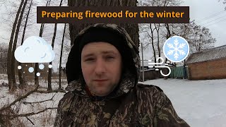 Preparing firewood for heating in winter. Pruning branches from a tree trunk