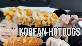 CAR MUKBANG 먹방 KOREAN CHUNGCHUN RICE HOTDOGS (CHEDDAR, GAMSUNG, RAMEN, MOZZARELLA) & THAI ICE CREAM